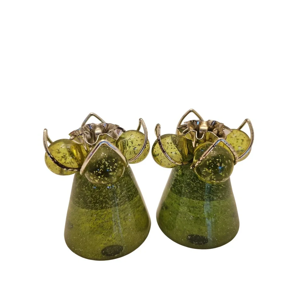 Vintage Olive Green Acrylic Taper Candlestick Holders Seeded Bubble Set of 2